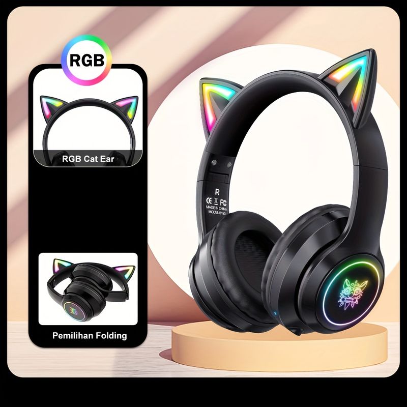 ONIKUMA Cat Ear Headphones: Wireless & Wired Mode, Foldable, RGB LED Light & Mic - Compatible With Mobile Phones & Tablets!_voghion.com