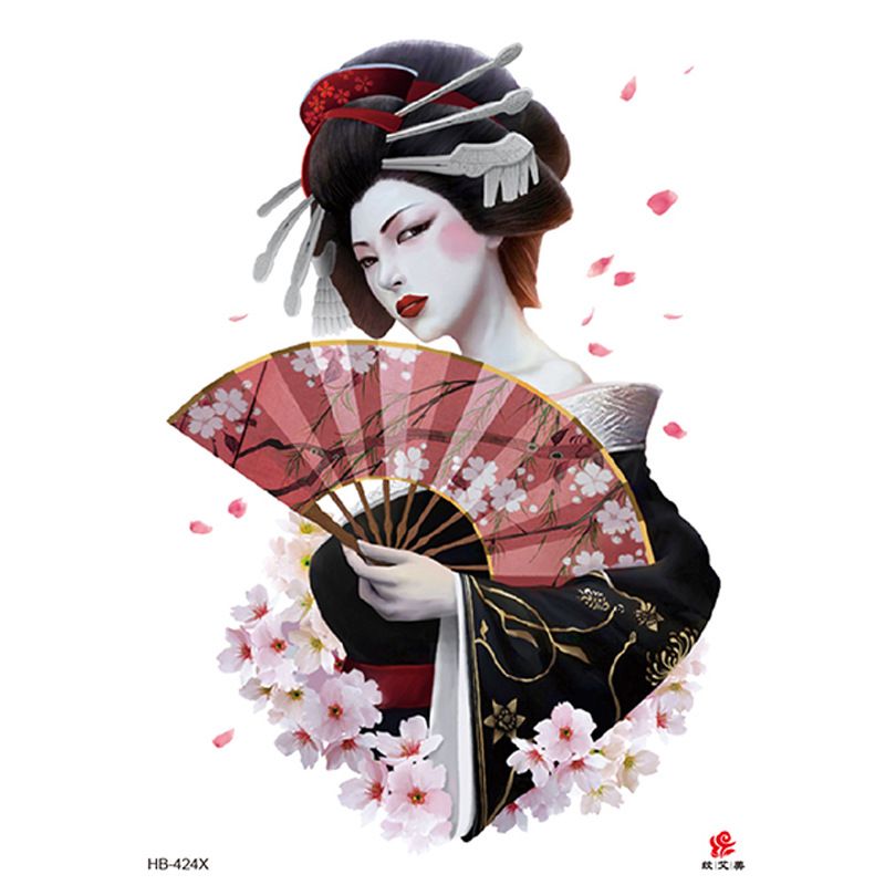 Adesivo per tatuaggio impermeabile con bellezza di geisha e braccio floreale_voghion.com