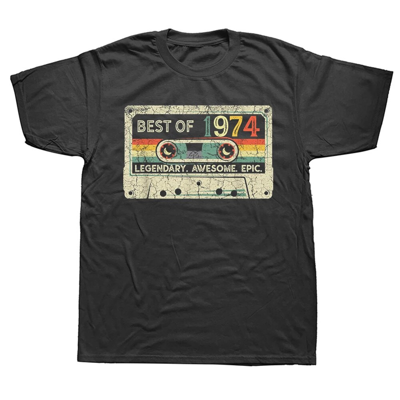 Cassetta a cassetta vintage in edizione limitata del 1974, cinquantesimo compleanno, maglietta di 50 anni, grafica in cotone, streetwear, manica corta_voghion.com