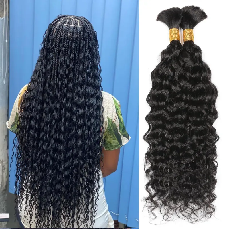 Deep Wave Human Braiding Hair 100% Unprocessed 18 Inch Curly Bulk Hair for Braiding #1B_voghion.com