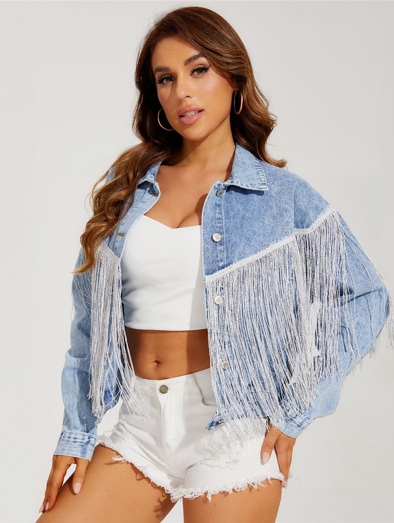 Denim Jacket Women Fashion Tassel Lapel Fried Flower Denim Jacket Women_voghion.com