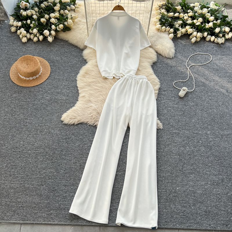Kadın Giyim Moda Takım Elbise Kadınlar İçin Yaz Aylarında Kot Dikişli Kısa Kollu Fermuarlı Üst + Yüksek Bel Rahat Geniş Paça Pantolon_voghion.com