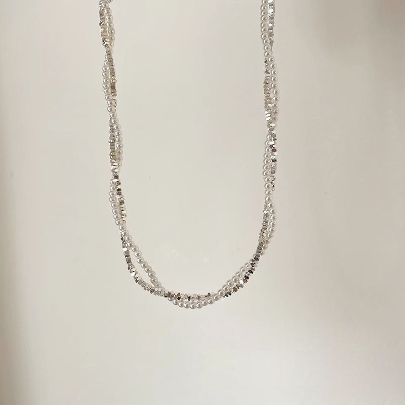 Colier dublu strat cu perle argintii rupte, nișă feminină, personalitate retro, simplu și versatil, colier cu temperament, lanț de claviculă_voghion.com