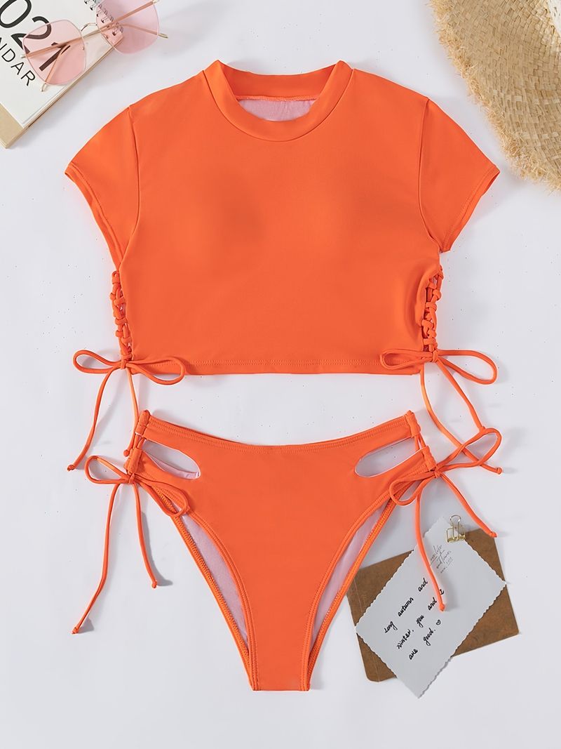 GraceChic GraceChic Two-Piece Sexy Tight-Fitting Solid Color Swimwear Cross-Border Hot-Selling Push-Up Short-Sleeve High-End Swimsuit_voghion.com