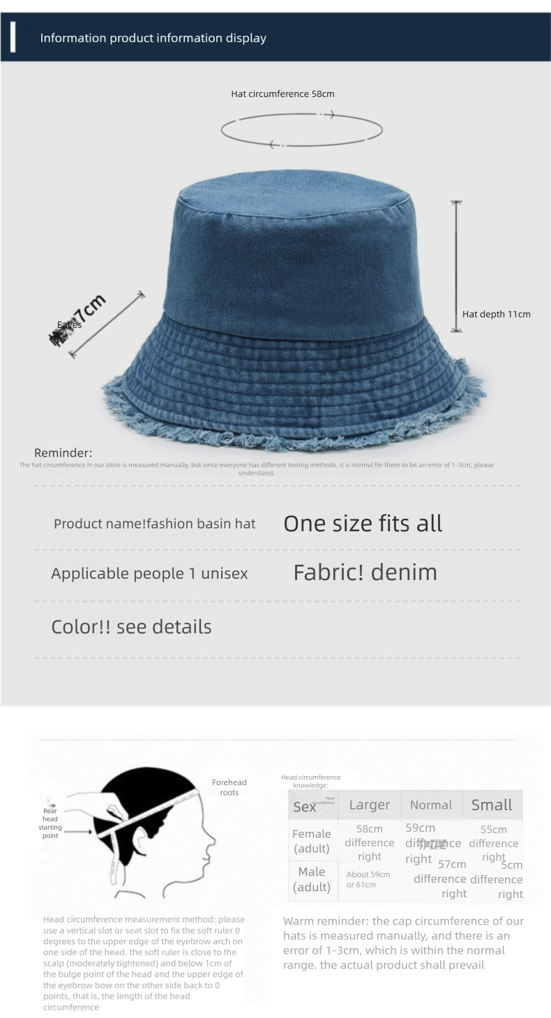 Cappello da pescatore in denim versatile, lavato, semplice, con bordo sfilacciato, stile vintage giapponese e coreano, protezione solare_voghion.com