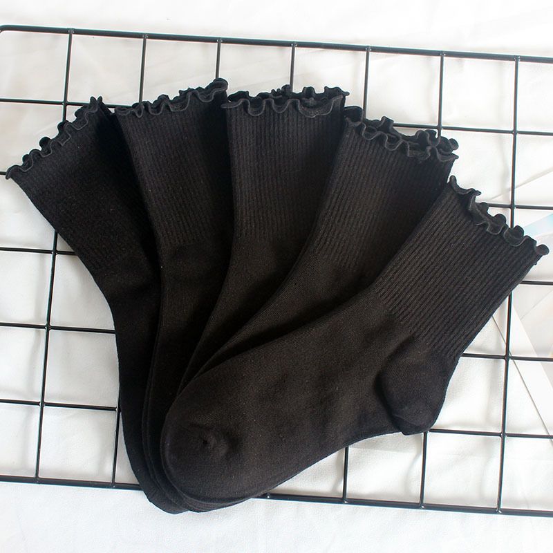 Calzini da donna Calzini alla caviglia plissettati da donna Calzini autunnali invernali in cotone con pizzo alle orecchie in legno Calzini a tubo medio da donna in tinta unita_voghion.com
