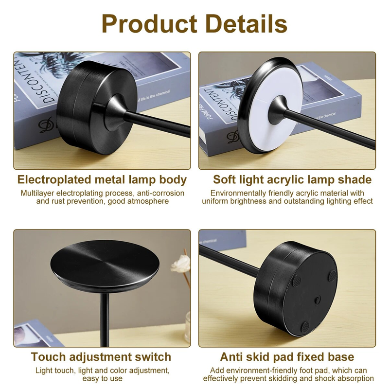Schnurlose kabellose Tischlampe, Touch-Sensor, wiederaufladbar, Desktop-Nachtlicht, LED-Leselampe für Restaurant, Hotel, Bar, Schlafzimmer, Dekor-Licht_voghion.com