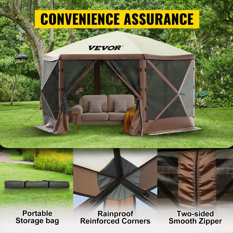 VEVOR Camping Gazebo Screen Tent; 12*12ft; 6 Sided Pop-up Canopy Shelter Tent with Mesh Windows; Portable Carry Bag; Stakes_voghion.com