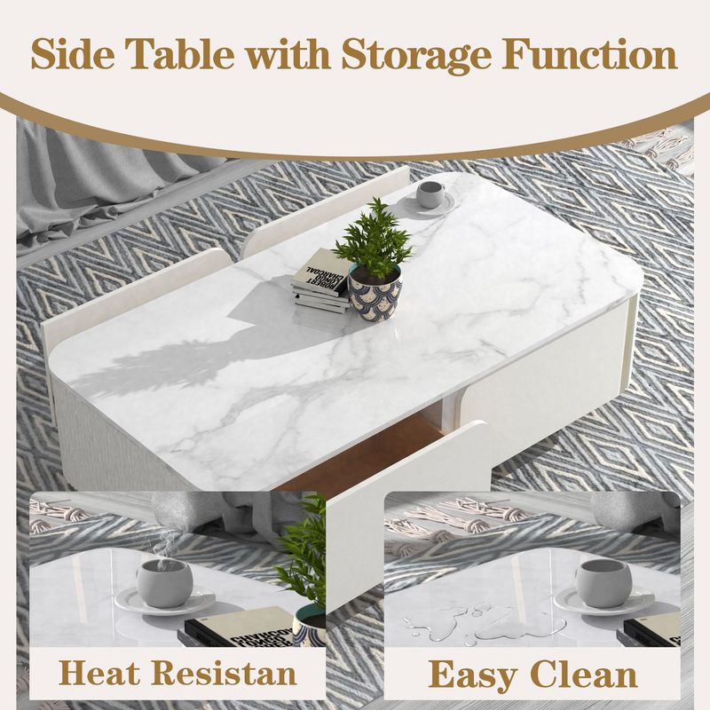 1pc Modern Luxury Coffee Table, 51.1" Rectangle Coffee Table With Drawer, Marble Top, Curved Profile Design, Gold Metal Decor, Center Table For Living Room,Side Table For Apartment_voghion.com