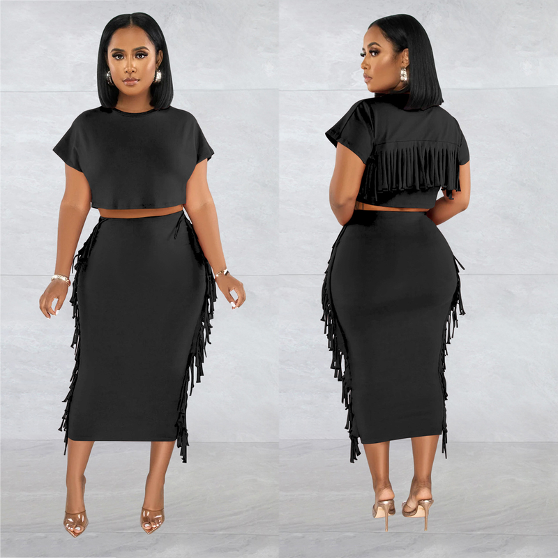 X6331 Ensemble deux pièces pour femme, robe longue à manches courtes et col rond, couleur unie, avec pompons_voghion.com