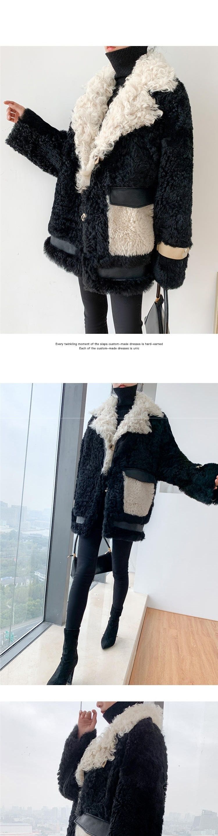 Calm New Winter Mid-Length Lamb Wool Sheep Shearling Sheepskin Fur Coat Women's Patchwork Overcoat_voghion.com