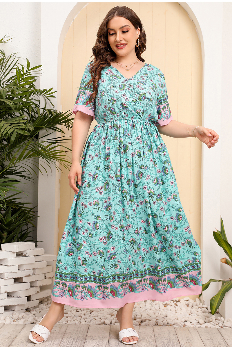 Australia Large Size Women's Loose V Neck Dress High Waist Long Skirt Seaside Holiday Style Beach Skirt_voghion.com