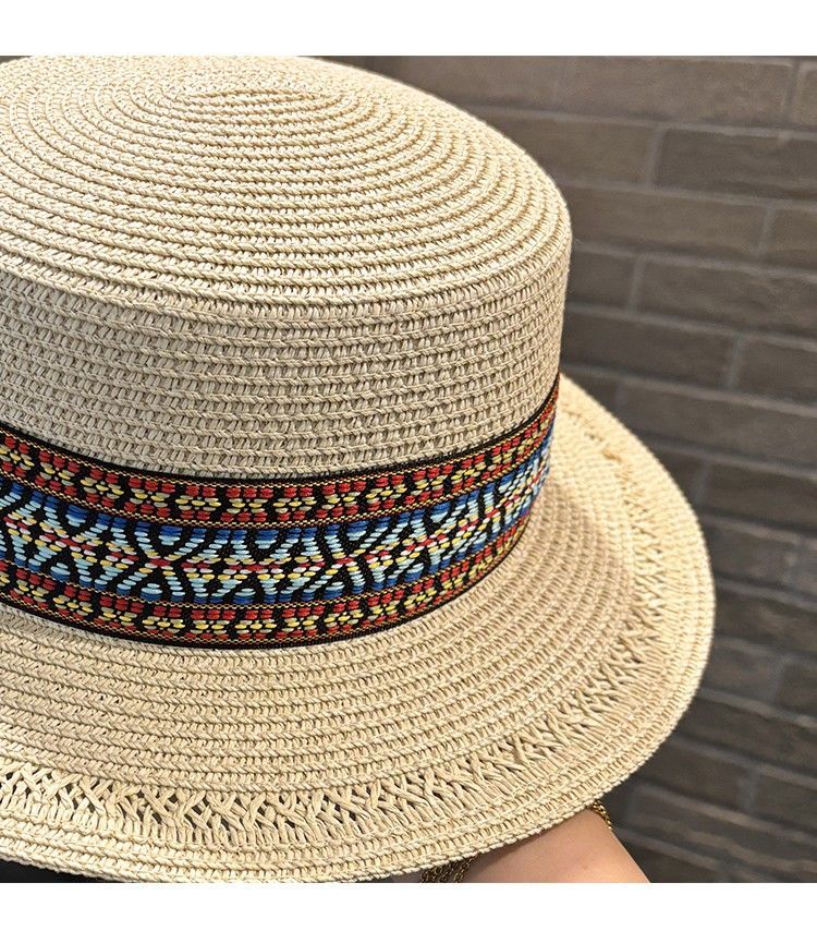 Ethnic Style Flat Top Top Hat Women's Summer Seaside Beach Vacation Sunshade Straw Hat Wide Brim Sun Hat_voghion.com