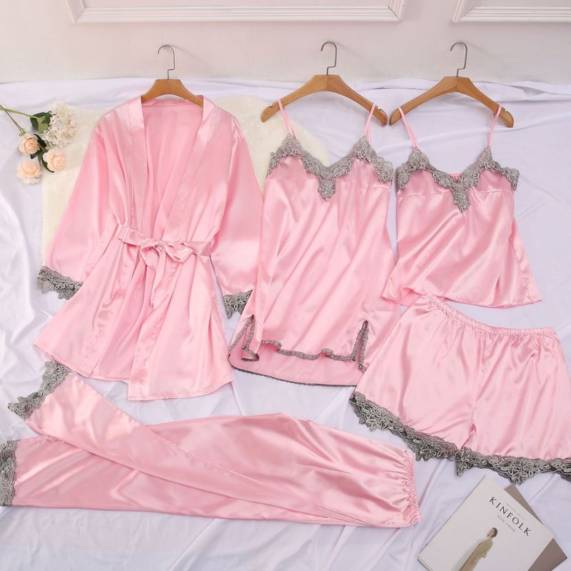 Luxury 5-Piece Satin Pajama Set For Women – Elegant Lace Trim Nightwear | Sexy & Comfortable Sleepwear Lingerie_voghion.com