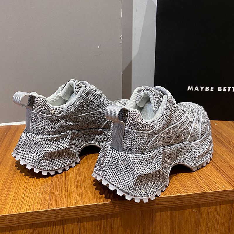 Modische Damen-Sneaker mit Strasssteinen – klobige Plateauschuhe für mehr Körpergröße, atmungsaktives Obermaterial aus PU, lässige und trendige Low-Top-Schnürschuhe_voghion.com