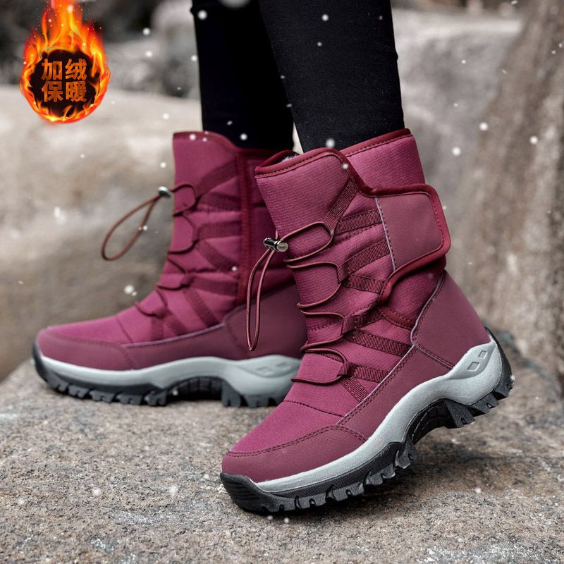 Botas de algodón para mujer, cálidas, con forro polar, para nieve, senderismo, invierno y exterior, botas altas de montañismo con suela gruesa._voghion.com