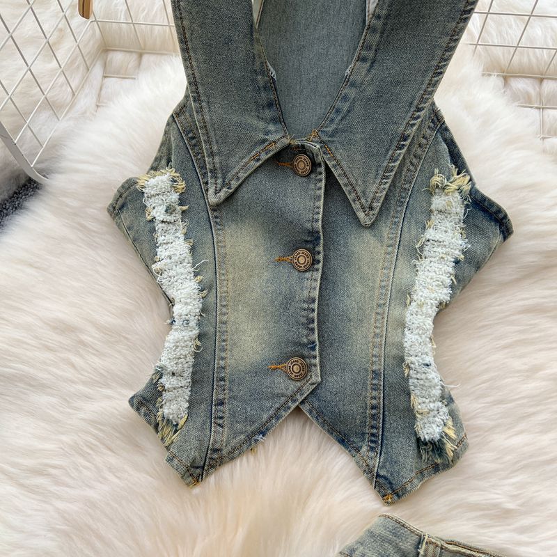 Women's Clothing Retro Washed Distressed Halter Neck Sleeveless Lapel Raw Edge Denim Top Slit Slim Skirt Two Piece Set_voghion.com