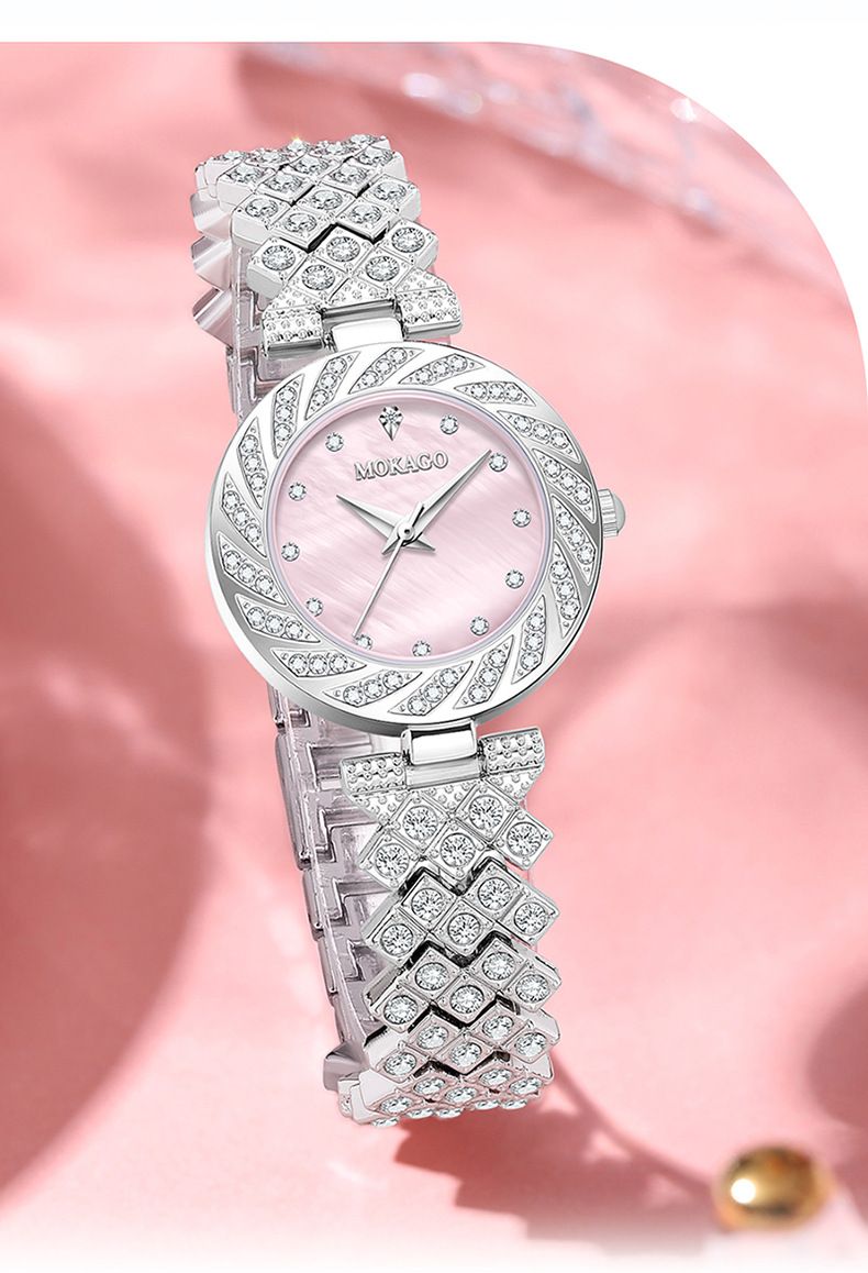 Women's Elegant Waterproof Quartz Watch With Mother-of-Pearl Dial And Diamond Accents, Minimalist Round Wristwatch For Daily Wear_voghion.com
