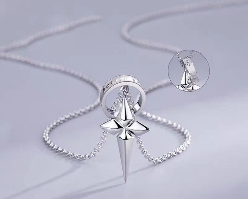 Star Double Ring Pure Silver Necklace Men Trendy Cool Design Sense Niche High-end Hip-hop Versatile Gift For Boyfriend's_voghion.com