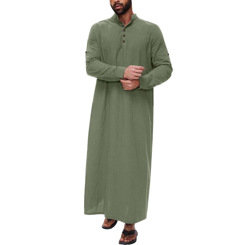 Túnica musulmana de estilo árabe, sencilla, de algodón y lino, larga, con cuello alto y botones para hombre._voghion.com