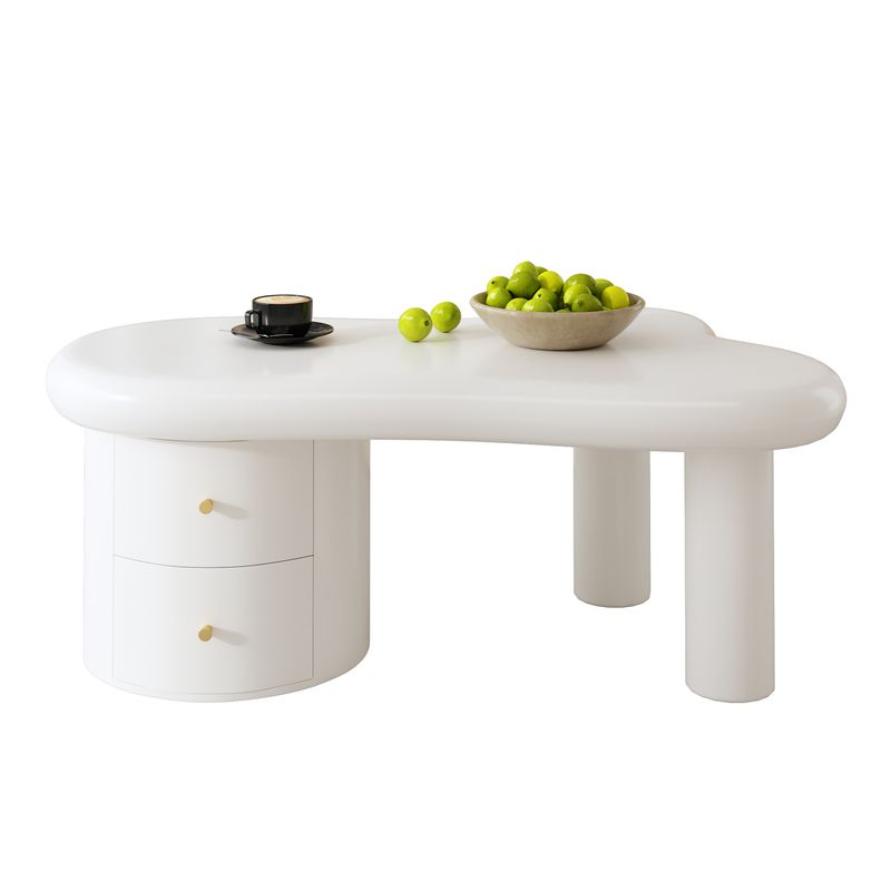 Table basse blanche moderne de forme irrégulière avec 2 tiroirs, design compact et élégant, robuste et pratique pour le salon et une utilisation polyvalente._voghion.com