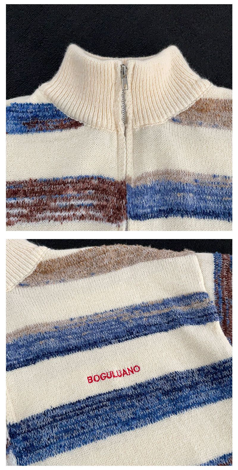 Retro Çizgili Fermuarlı Hırka - Renk Bloklu Yaka ve Vintage Amerikan Estetiğiyle Unisex Sonbahar Örgüsü_voghion.com