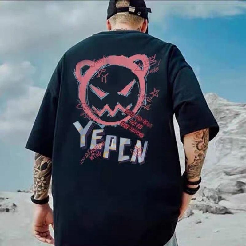 1092 # Camiseta corta para hombre y mujer, estilo hip-hop holgado, marca de moda, con grafiti, diablo, pareja, vestido de verano, estilo chino chic, medio_voghion.com