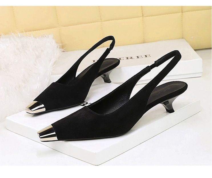 Metal Pointed Suede Women's Shoes Shallow Mouth Back Strap Low Heel Single Shoes Women's Wine Glass And Empty Shoes_voghion.com