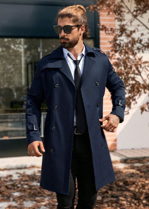 Herren Zweireihiger Trenchcoat Lang Slim Fit Lässiger Mantel Polyester Klassisch Blauer Mantel Für Herbst Frühling_voghion.com