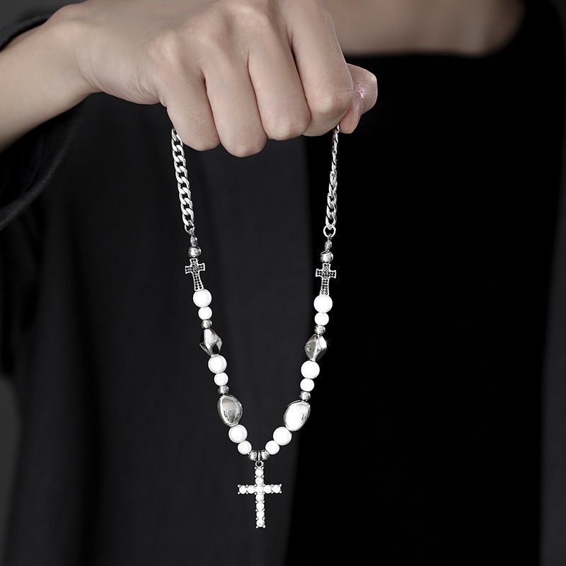 Necklace Men Necklace Hip Hop Cuban Chain Niche Light Luxury Reflective Pearl Titanium Steel Full Diamond Cross Necklace For Men Trendy High Street I_voghion.com