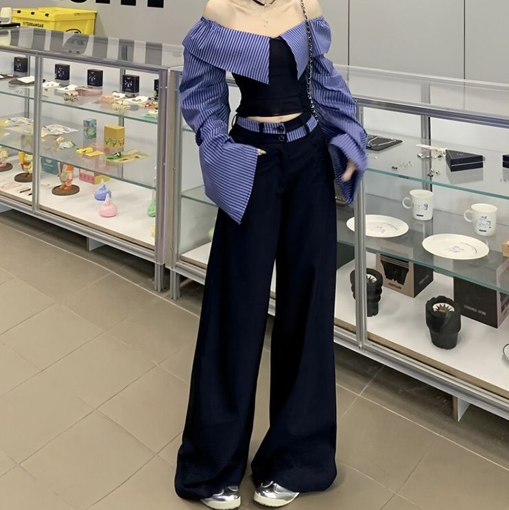 Camicia a maniche lunghe con patchwork a righe e spalle scoperte color-block da donna, pantaloni larghi casual in stile college primaverile, due pezzi_voghion.com