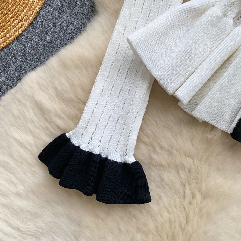 Women's Clothing Metal Button Waist Long Sleeve Luxury-Inspired Contrast Trim Metal Button Long Sleeve Knit Top – Slim Fit High Waist Staple For Fall_voghion.com