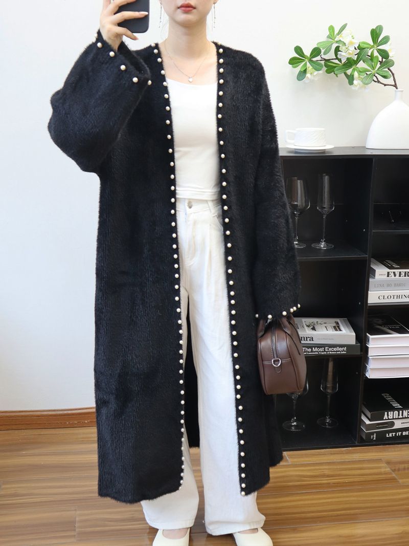 Cárdigan de punto de imitación de chinchilla con cuentas: abrigo extralargo y extragrande (poliéster afelpado, cuello en V, minimalista en blanco, rosa y negro, ideal para el trabajo y la noche)_voghion.com