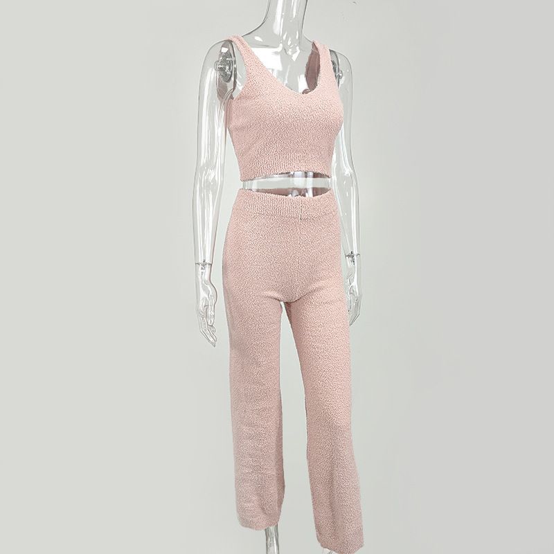 Completo due pezzi da donna casual alla moda, con maglione, scollo a V, gilet e pantaloni con ombelico scoperto_voghion.com