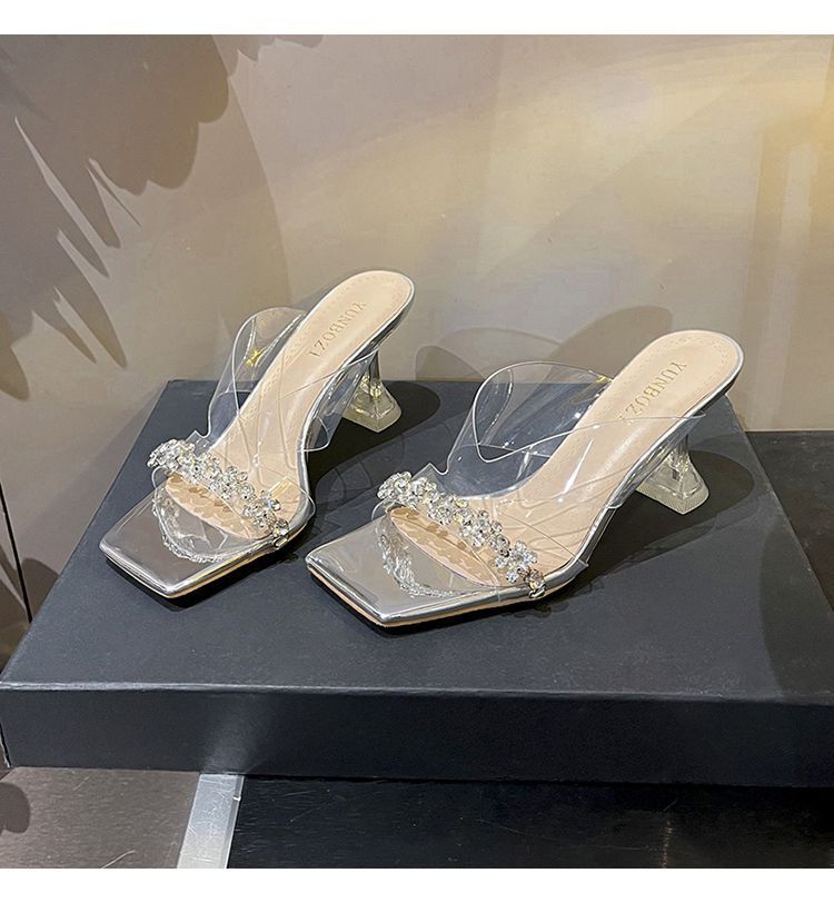 Pantofole con tacco sottile e punta quadrata, aperte e trasparenti, in argento, con strass, estate 2025, da donna, sexy, con tacchi alti e cristalli_voghion.com