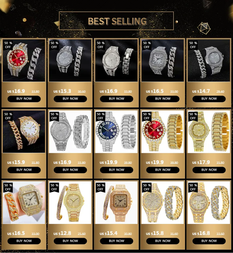 Zegarek na bransoletce dla mężczyzn Iced Out Clock Hip Hop Duży łańcuch Złoty zegarek na rękę Rhinestone Bling Męski zestaw prezentowy Religio Masculino_voghion.com