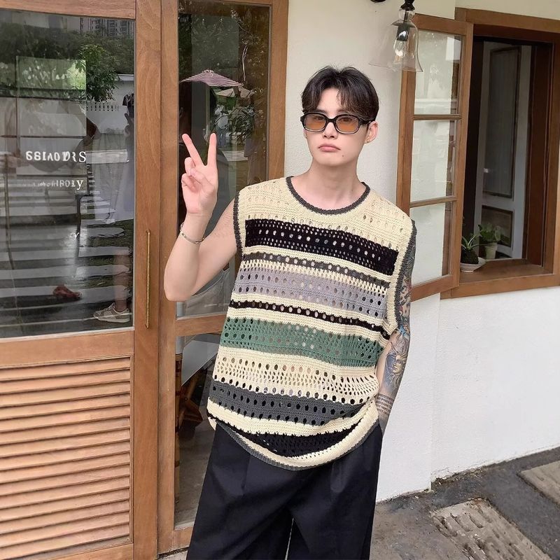 Koreanischer Stil Farbblock gestreift Sommer dünn Rundhals Pullover Hohlstrick Herren Weste_voghion.com