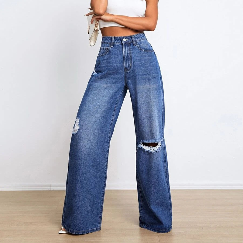 new jeans high waist ripped holes loose slimming wide leg pants_voghion.com