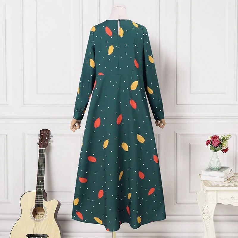 Muslim women's fashion casual dress with leaf dot print, spring and summer long sleeved bohemian large swing skirt_voghion.com