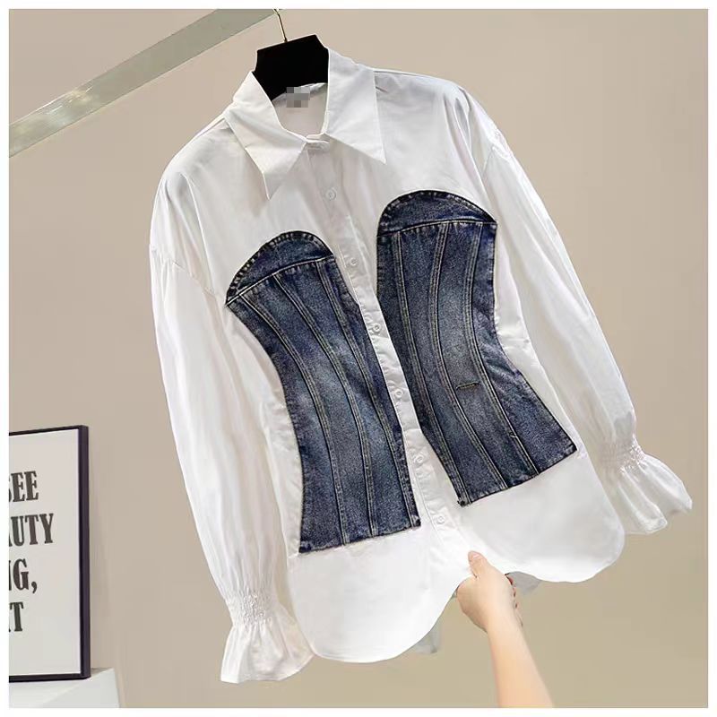 Abbigliamento da donna Design senso camicia in denim con cuciture a maniche lunghe da donna 2024 primavera nuova moda slim all-match di media lunghezza_voghion.com