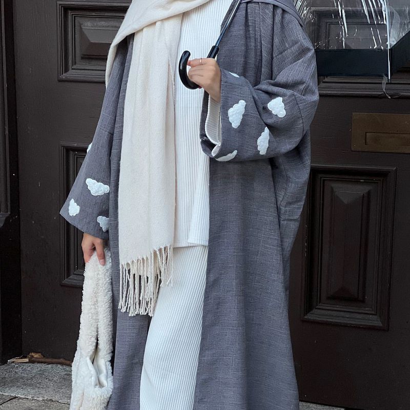 Robe cardigan élégante avec broderie de nuages, mode dubaï turquie_voghion.com