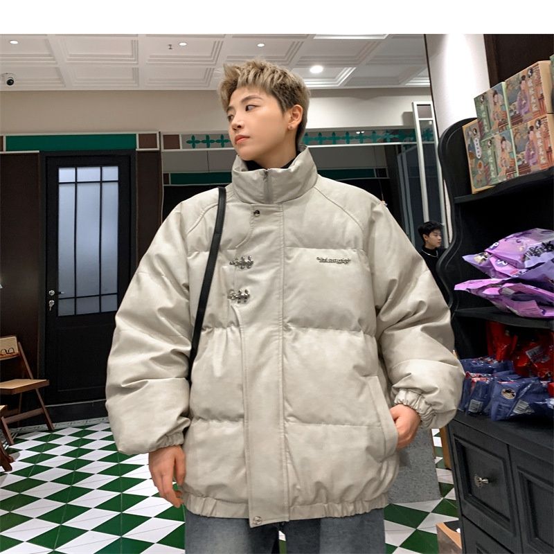 Hue Hue PU Leather For Men Winter Metal Airplane Buckle American Style Coat Thickened Warm Loose Puffer Cotton Padded Jacket_voghion.com