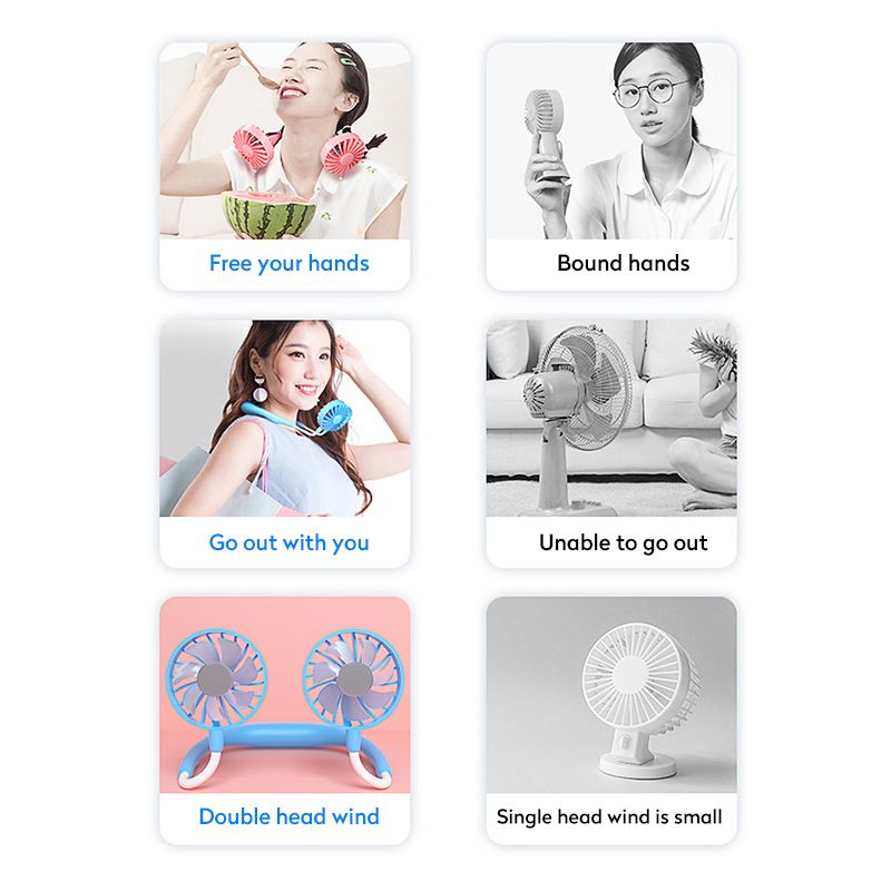 Ventilador portátil USB Ventilador frio Mãos livres Ventilador de pescoço Pendurado Mini Ventilador esportivo recarregável Ventilador duplo de pescoço ajustável de 3 velocidades Escritório em casa_voghion.com