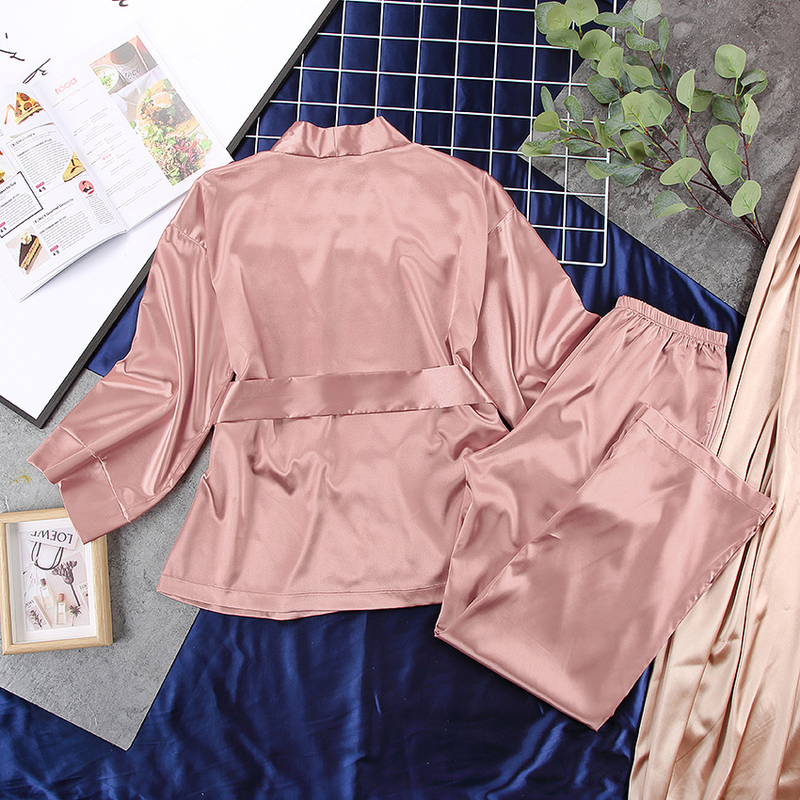 Cardigã de cetim feminino com renda, camisola e pijama de cor sólida, conjunto solto para casa_voghion.com