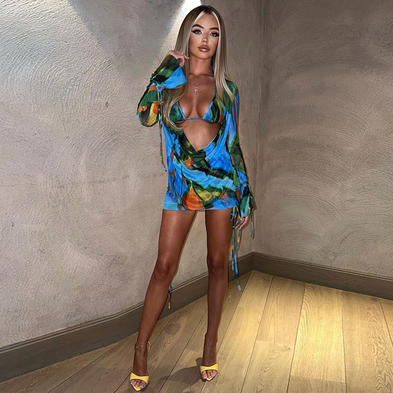 2025 Women's Summer New Painted Print Swing Neck Mesh See-through Ruched Tie Bra Set_voghion.com