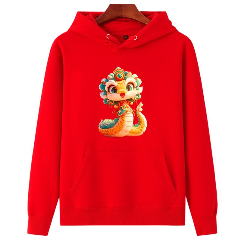 Felpa con cappuccio unisex rossa a maniche lunghe con fodera in pile, modello 2025 dell'anno zodiacale del serpente, giacca trendy per Capodanno 12_voghion.com