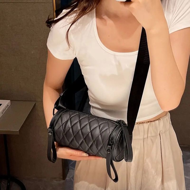 Borsa a tracolla con tracolla a spalla singola con cerniera alla moda a cilindro rotondo con cerniera alla moda, a grande capacità, maschio_voghion.com