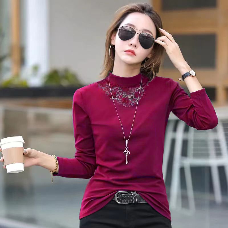 Jesenska in zimska čipkasta majica s toplim spodnjim delom za ženske, nova modna temperamentna, ozka, z dolgimi rokavi iz žameta_voghion.com