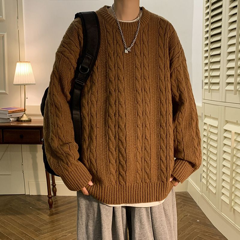 Pull en tricot décontracté à col rond et torsadé pour homme, coupe ample, tendance, collection automne-hiver_voghion.com