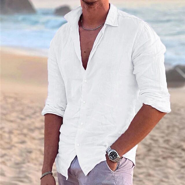 Camicie a maniche lunghe in cotone e lino tinta unita per uomini giovani e alla moda_voghion.com